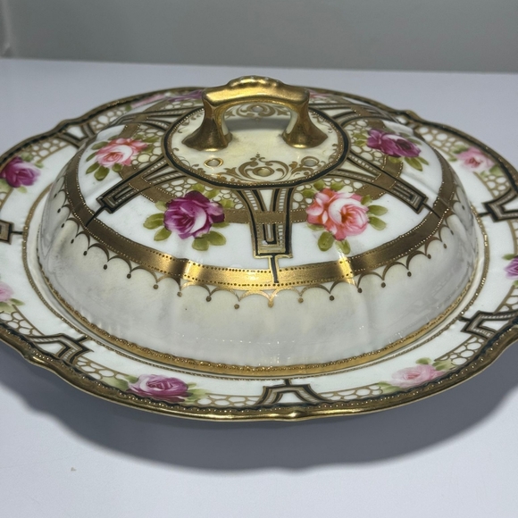 Antique Noritake Nippon Rose Cheese Plate Domed Vented Lid, Hand Painted is brea - Picture 7 of 17